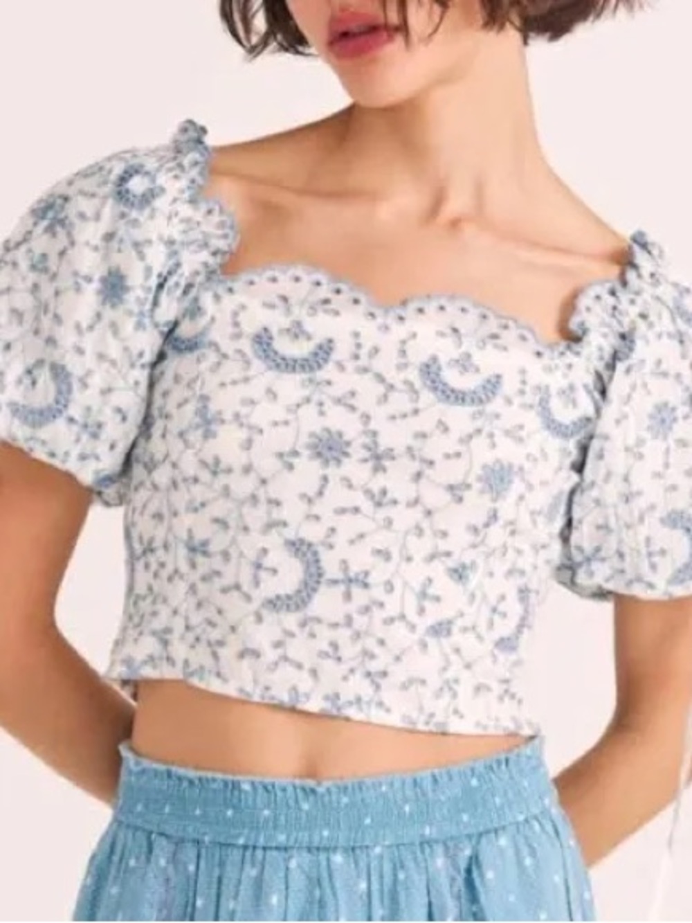 LoveShackFancy White and Light Blue Scalloped Square-Neck Crop Top